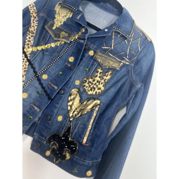 New Orleans Saints Fan Upcycled Denim Jacket Bling Handmade Designer Original - Picture 3 of 8